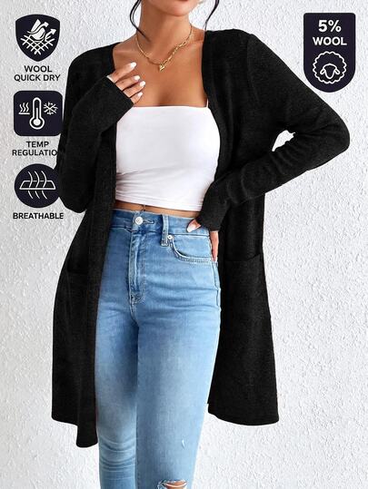 SHEIN BASICS קרדיגן סרוג לנשים בצבע אחיד עם שרוול ארוך ועיצוב כיס