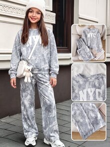 兒童女童/青少年女孩秋冬簡約舒適豹紋側條紋返校長袖運動衫套裝 - 彩色 - 查看 1