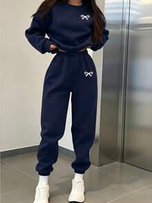 青少年女孩蝴蝶結圖案長袖運動衫與運動長褲休閒套裝 - 藏蓝色 - 查看 1