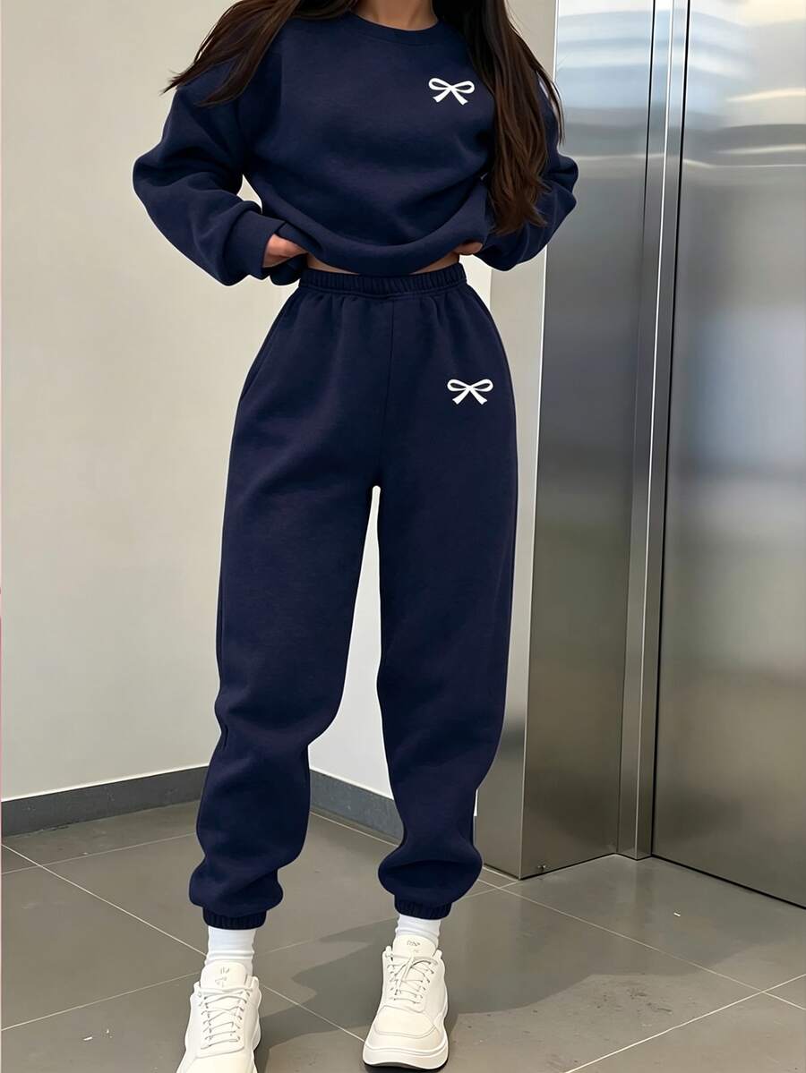 青少年女孩蝴蝶結圖案長袖運動衫與運動長褲休閒套裝 - 藏蓝色 - 查看 1