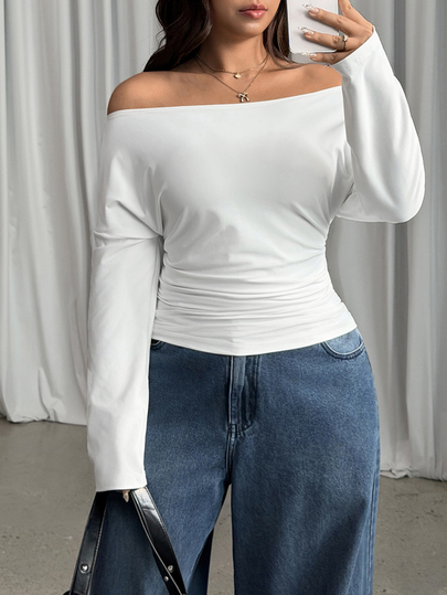 GalTyme Damski casualowy T-shirt plus size w jednolitym kolorze, z asymetrycznym ramieniem, długim rękawem i marszczeniami