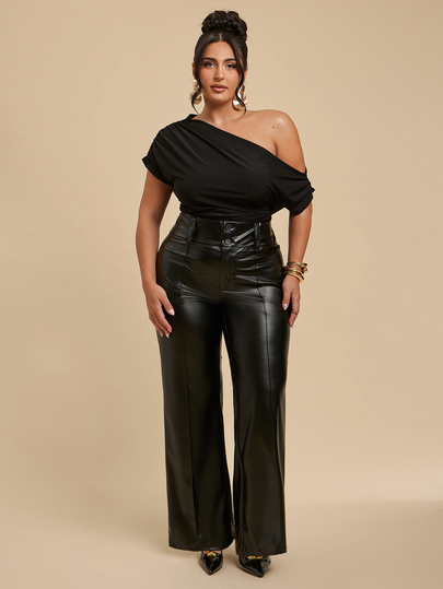 SHEIN BAE CURVE Plus Size Women's Black PU Long Pants