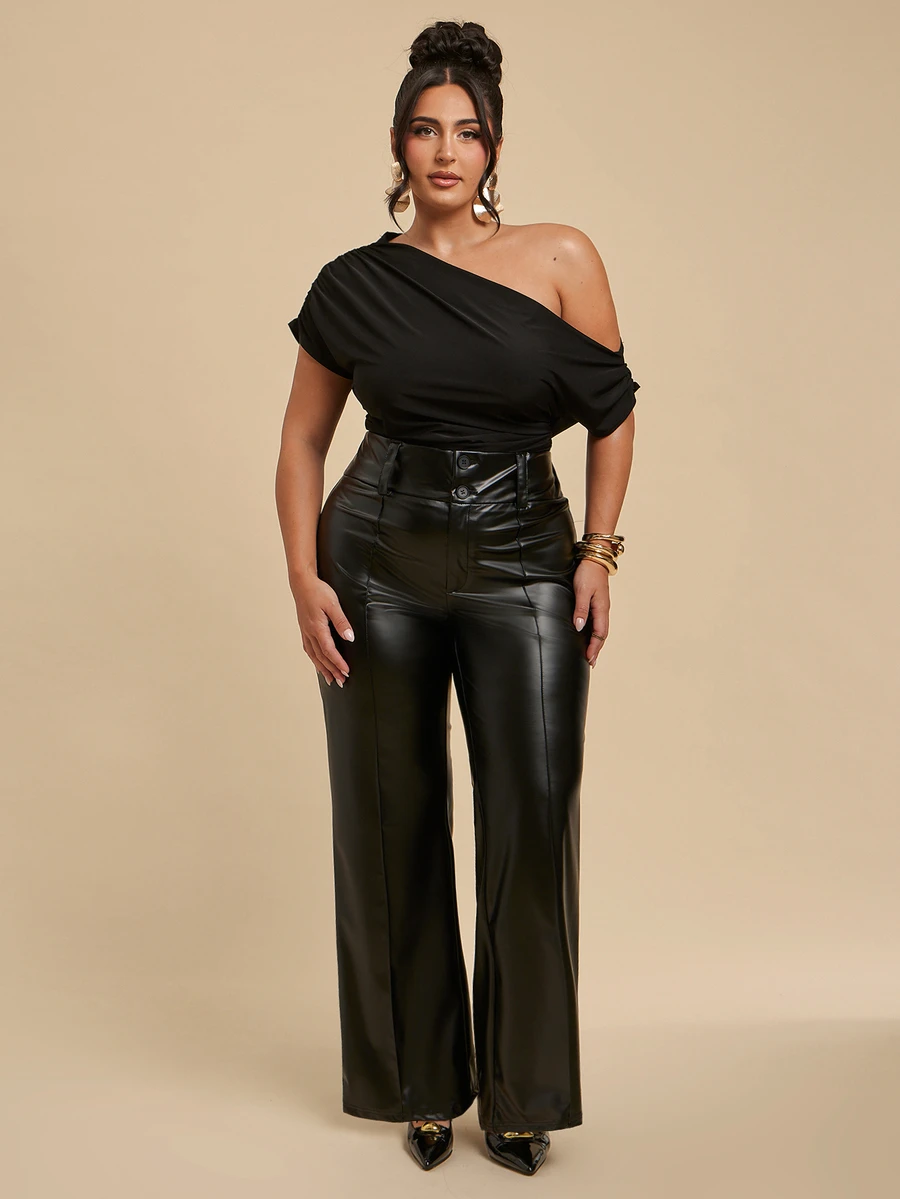 SHEIN BAE CURVE Plus Size Women's Black PU Long Pants - Black - View 1