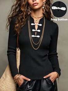 SHEIN New Chinese Style Stand Collar Ribbed Knit Top With Traditional Frog Buttons - Black - View 5