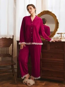 Côtesoire Plus Size Women's French Elegant Velvet Contrast Color Lace Long Sleeve Pants Pajama Set - Burgundy - View 3