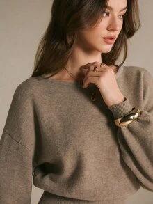 Poéselle 2 Pieces Knit Outfit Drop Shoulder Round Neck Sweater & High Waist Midi Skirt Set - Mocha Brown - View 4