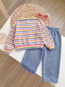 SHEIN 新生兒條紋長袖上衣與長褲休閒日常套裝 - 彩色 - 查看 2