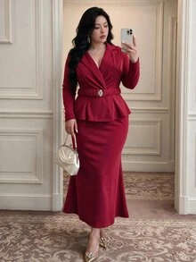 Vibekara Burgundy Suit Collar 2 Pieces Set, Party Dress With Cinched Waist Ruffle Top And Mermaid Skirt, Elegant Outfit - Burgundy - View 1