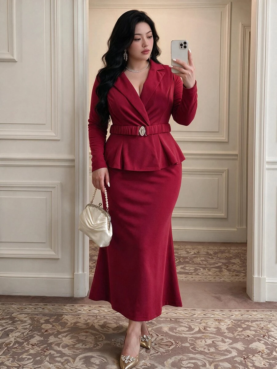 Vibekara Burgundy Suit Collar 2 Pieces Set, Party Dress With Cinched Waist Ruffle Top And Mermaid Skirt, Elegant Outfit - Burgundy - View 1