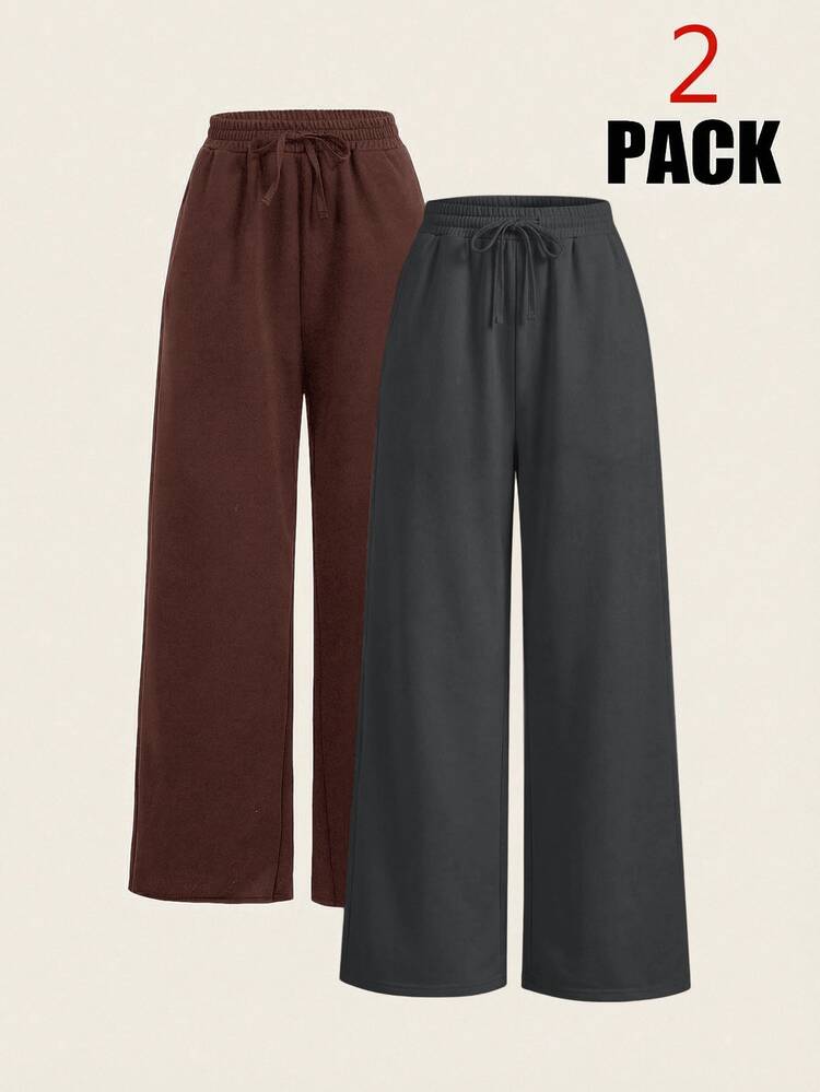 SHEIN PETITE CURVE 2pcs Plus Size Women Solid Color Drawstring Waist Casual Daily Wear Long Pants - Multicolor - View 6