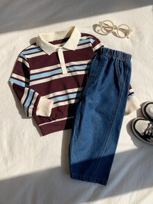 SHEIN 嬰兒男/女童、幼兒 2件組秋冬抓絨加厚休閒可愛條紋 POLO 套裝、衛衣套裝、丹寧牛仔褲、嬰兒冬季套裝、聖誕節 - 咖啡棕 - 查看 5