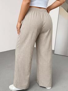SHEIN Essnce Plus Size Women Solid Color Casual Versatile Daily Wear Long Pants - Khaki - View 3