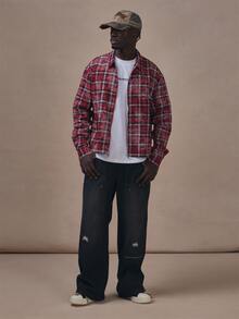 Musero Boxy Fit Acid Wash Check Zip Up Collared Shirt Autum Winter Essentials - Burgundy - View 2