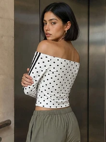 Seusyu Women's White Polka Dot Cold Shoulder Long Sleeve Crop Top, Side Striped Ruched Fitted Tee For Streetwear Date Halloween Christmas - Apricot - View 2