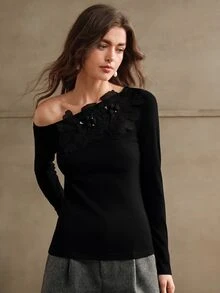 Anewsta 女款秋冬 3D 花卉刺繡串珠水鑽貼身親膚露肩單肩針織 T-shirt 上衣 - 黑色 - 查看 5