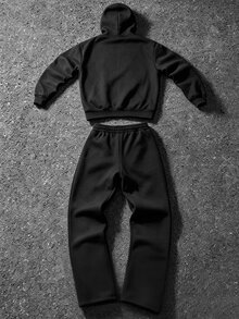 Manfinity EMRG Men's Streetwear 2 Pieces Set, Bubble Letter Print Zip-Up Hoodie + Wide Leg Sweatpants Hip Hop Street Sports Outfit - Black - View 3