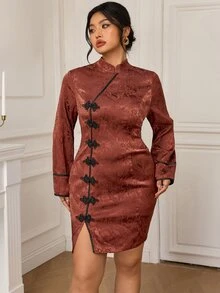EastFlair Plus Size Women's Elegant Long Sleeve Dress With Frog Button Design And Jacquard Pattern - Rust Brown - View 5