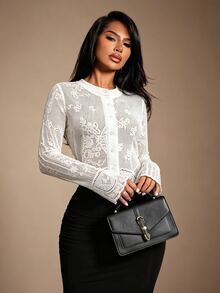 Sirith Women's Round Neck Long Sleeve Single-Breasted Fashion Top - White - View 3