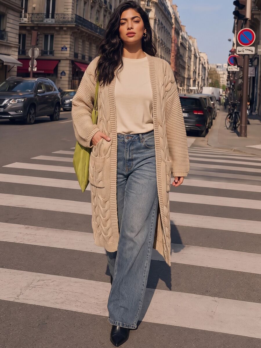Juhart Slouchy Cable Knit Mid-Length Cardigan, Vintage Loose Fit Oversized Sleeve Pocket Knitted Outerwear Sweater - Khaki - View 1