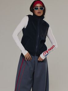 Musera Sport High Neck Zip Through Fluffy Borg Sleeveless Gilet Jacket Active Outdoors Workout Gym Terra Peak - Navy Blue - View 2