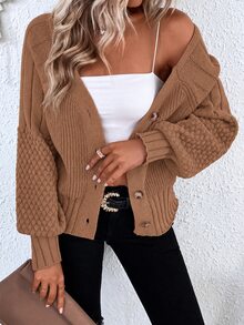 EMERY ROSE Raglan Sleeve Textured Knit Cardigan,Long Sleeve Tops Fall Winter Cloth For Women - Rust Brown - View 5