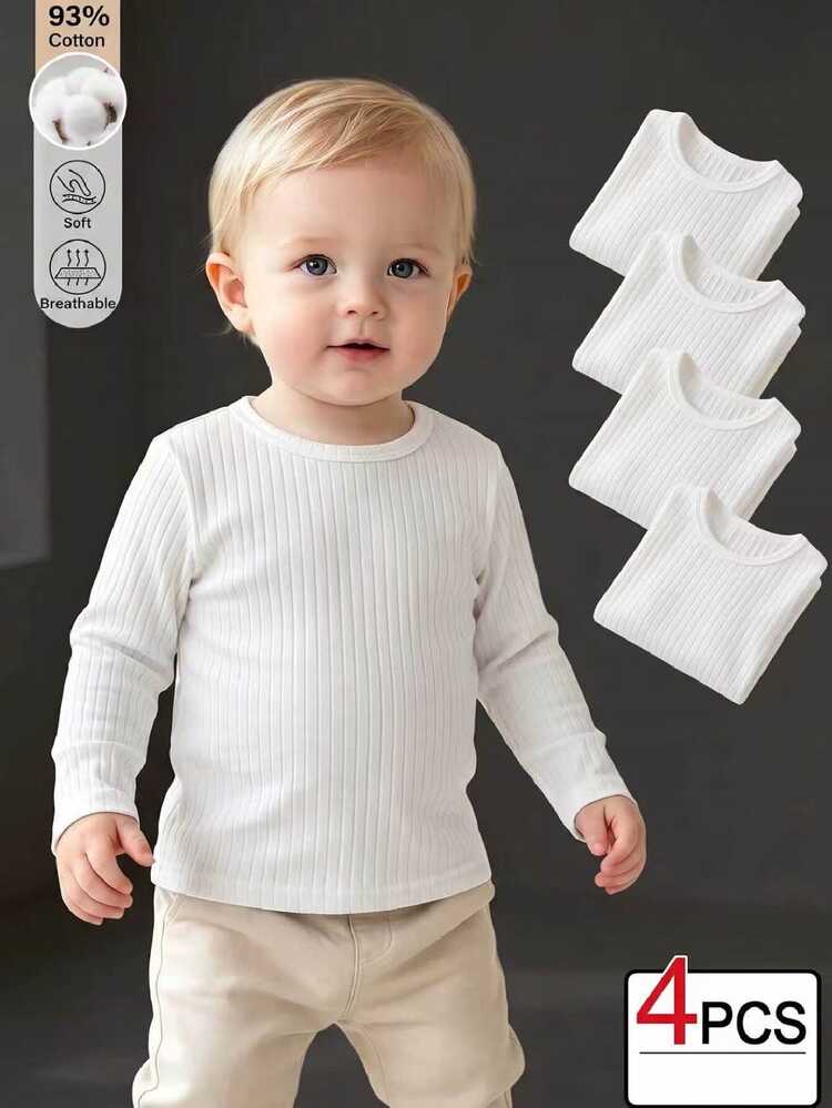 SHEIN 4pcs Baby Boys Simple Basic Solid Color Ribbed Texture Long Sleeve Crew Neck Tops Multi-Piece Set For Daily Wear Spring Autumn - White - View 1