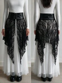 SHEIN ICON Women's Lace Patchwork Fashion Versatile Date & Outing Skirt - Black - View 1