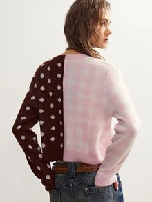 Bohemela Women's Patchwork Polka Dot Long Sleeve Single-Breasted Knit Cardigan - Pink - View 7