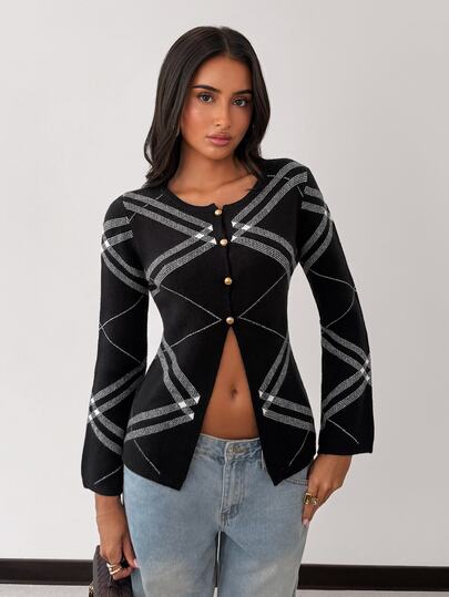Glamine Women's Striped Long Sleeve Single-Breasted Casual Knit Cardigan