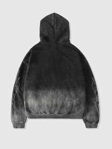 ROMWE MEN Street Life Men's Washed Distressed Rhinestone Applique Embroidered Text Plus Size Zip-Up Hoodie - Black - View 2