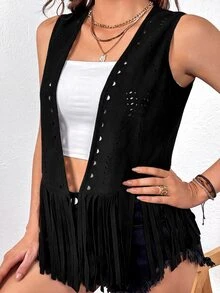 Freevana Boho Vacation Western Suede Fringe Vest Jacket - Black - View 3
