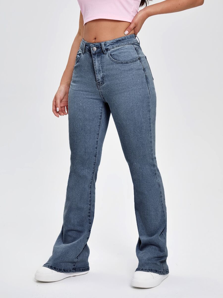 SHEIN EZwear 女款休閒百搭喇叭褲牛仔褲,附口袋 - 藍色 - 查看 1