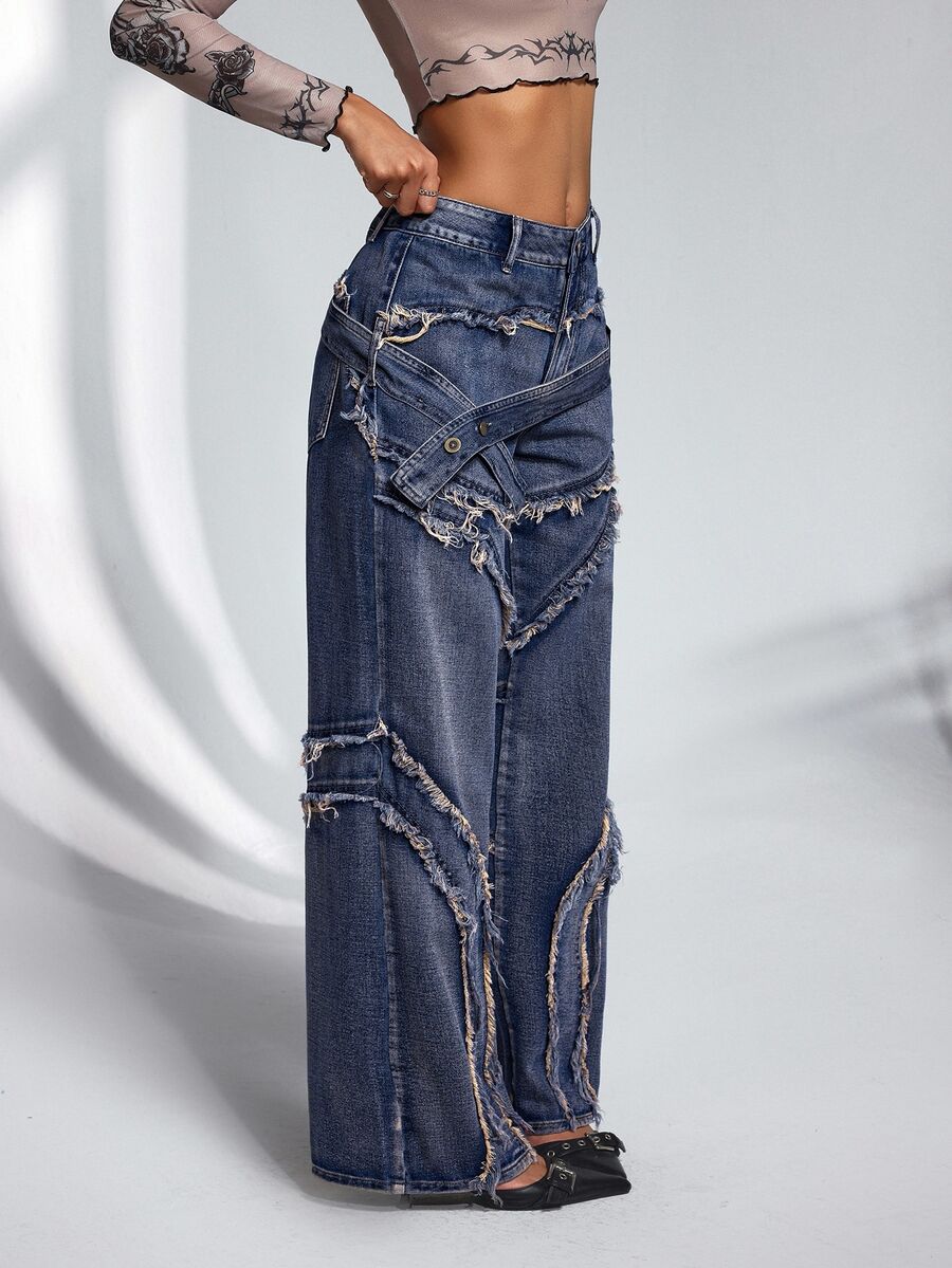 SHEIN PETITE Women's Frayed Hem Casual Versatile Everyday Jeans - Blue - View 1