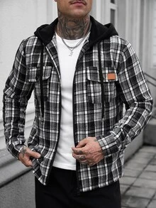 Manfinity CasualCool 男士休閒羊毛混紡格紋連帽夾克，適合日常通勤穿著，也是送給男友和丈夫的理想禮物 - 黑色 - 查看 1