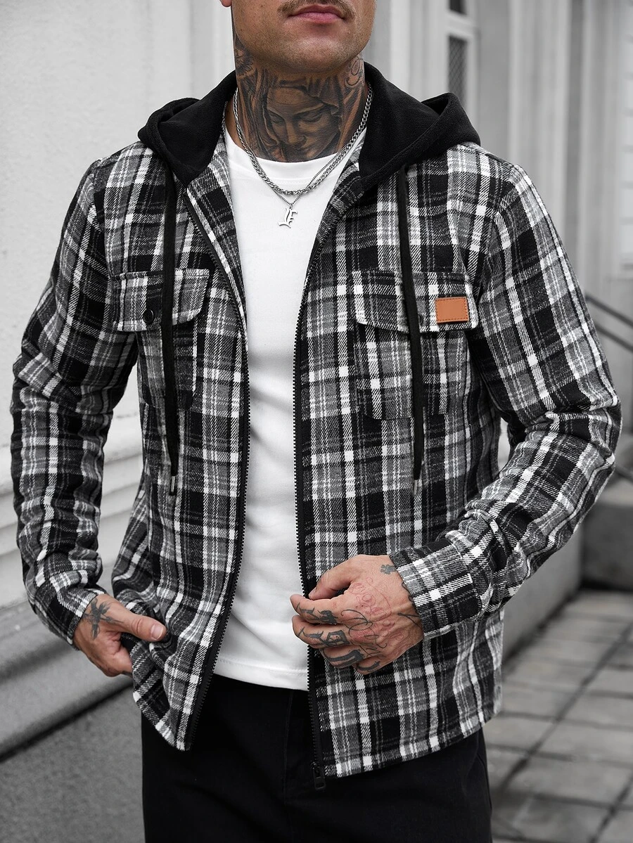 Manfinity CasualCool 男士休閒羊毛混紡格紋連帽夾克,適合日常通勤穿著,也是送給男友和丈夫的理想禮物 - 黑色 - 查看 1