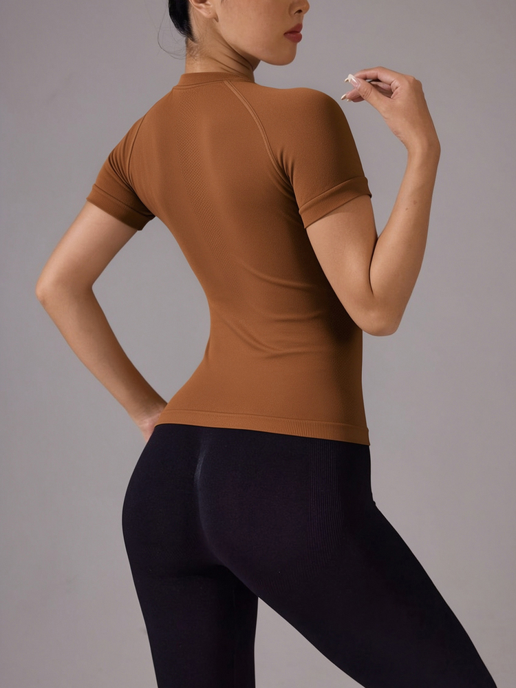 Easithlete Easithlete Women's Solid Color Raglan Short Sleeve Daily Fitness Sports T-Shirt Seamless - Mocha Brown - View 2