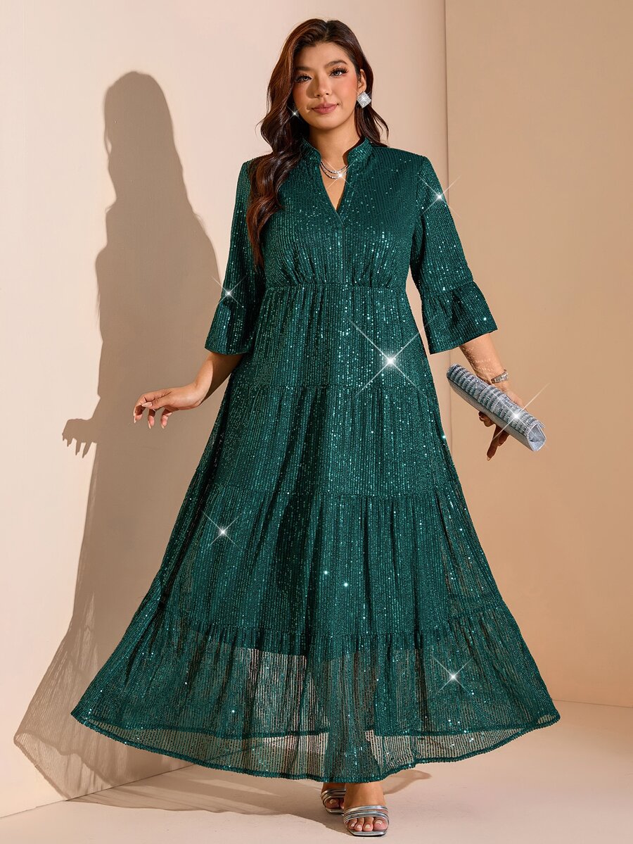 Comfylo Plus Size Women's Green Sequin Shiny Party Evening Dress Holiday Outfit Christmas Fall