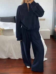 DAZY Women's Solid Color Long Sleeve Top And Long Pants Casual Daily Denim Set - Dark Wash - View 4