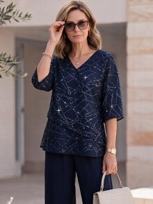 EMERY ROSE Middle-Aged Women Rhinestone V-Neck 3/4 Sleeve Blouse And Long Pants Elegant Set - Multicolor - View 3