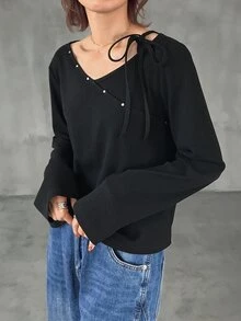 FRIFUL Women's Solid Color Casual Versatile Daily Long Sleeve T-Shirt - Grey - View 4
