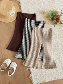 SHEIN LMoss Kids LMoss 3件組女嬰針織純色條紋休閒喇叭褲套裝 - 棕色 - 查看 7