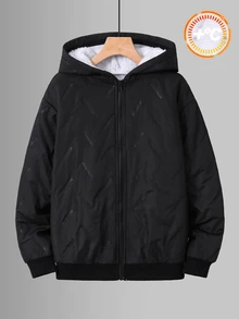 SHEIN 兒童青少年男孩保暖內裡加厚黑色夾克，秋冬款，絎縫外套，冬季外套，派克大衣，填充外套，填充外套，絎縫外套 - 黑色 - 查看 4