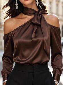 Velvienne Plus Size Women's Sexy Asymmetrical Shoulder Long Sleeve Blouse, Early Spring Faux Acetate Wrinkle-Resistant Versatile Chic Top - Brown - View 1