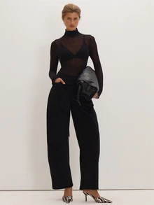 MUSEYN Black Sheer Knit Long Sleeve Silver Trim Detail Top Versatile Everyday Date Night Chic New Season Fall - Black - View 2
