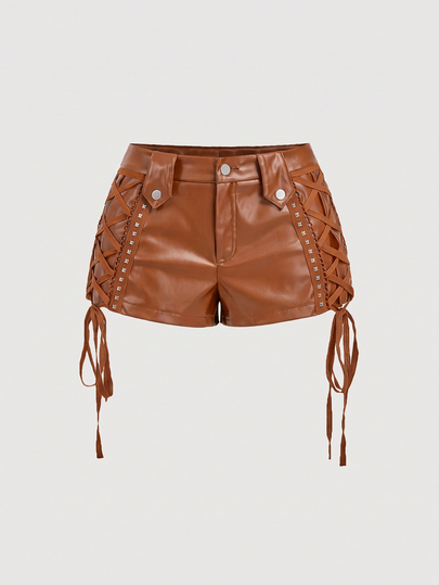 SHEIN MOD Black Vintage Glamour Palace Shorts: Cross-Tie Detail With Studded Accents – Perfect For Western Wear, Holiday Outfits, Y2K Vibes, And Chic Afternoon Tea Dates