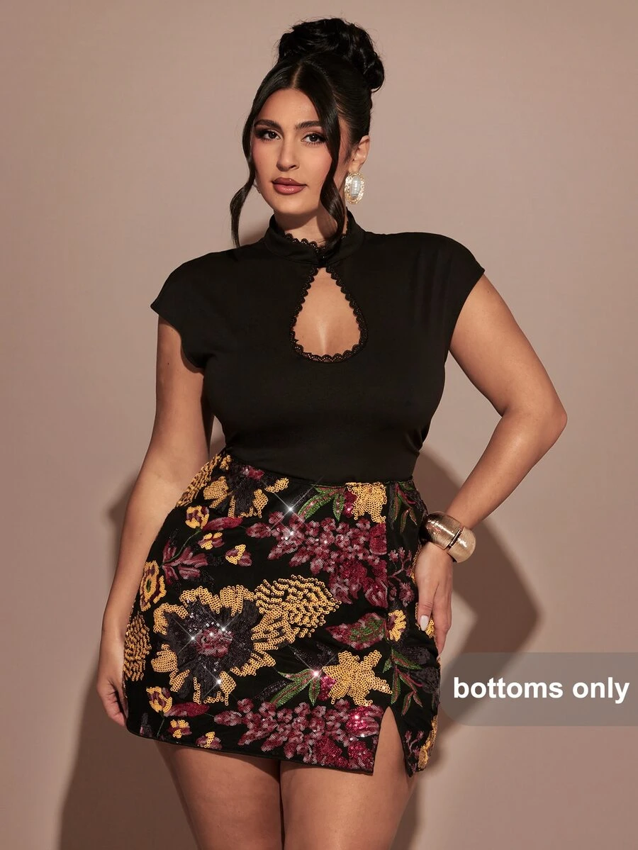 SHEIN BAE CURVE Plus Size Women's Sparkly Sequins Mini Skirt,70's Rave ...