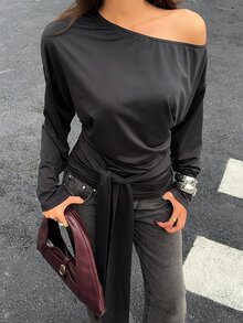 FavEase Women's Autumn Minimalist Asymmetrical Shoulder Casual Long Sleeve Tie-Front T-Shirt Top - Black - View 1