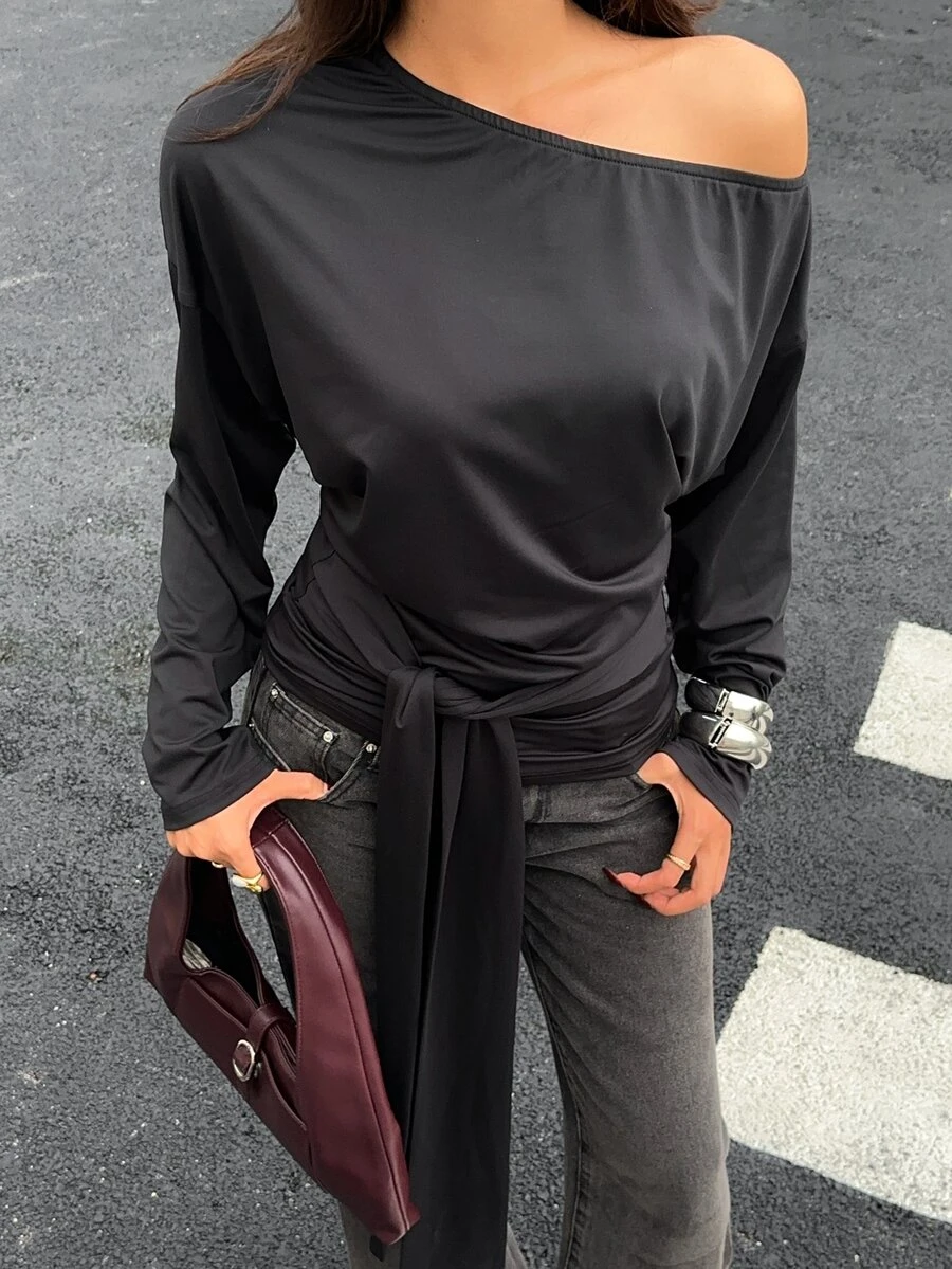 FavEase Women's Autumn Minimalist Asymmetrical Shoulder Casual Long Sleeve Tie-Front T-Shirt Top - Black - View 1