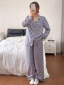 Napfluff Bubble Crinkle Star Print Lapel Long Sleeve Long Pants Pajama Set - Purple - View 1