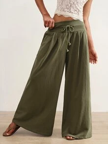 Bohemela Casual Solid Color Knit Wide Leg Women's Pants - Green - View 5